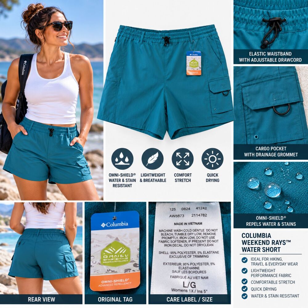 Columbia Weekend Rays Womens 1X Water Shorts Teal Omni Shield 5" NWT AW8873 - Picture 2 of 6